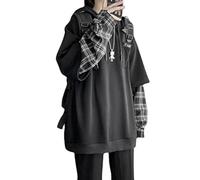 BONVEN Oversized Striped Patchwork Hoodie Streetwear Gothic Y2k Grunge Punk Pullover Emo Scene Plaid Sweatshirt, Schwarz, M