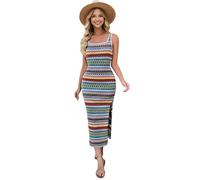 Boodtag Damen Sommer Gestricktes Strandkleid Langarm Ärmellos Schlitz Bodycon Böhmisch Sonnenkleid mit Trägern Elegant Vintage UK Damen Strick Streifenkleid für Strandparty, grün, XL