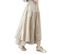 Boodtag Damen Sommer Leinen Maxirock Chic Hohe Taille Bestickt A-Linie Rock mit Elegant Floral Spitze Patchwork und Bändern für Party Abend Geburtstag