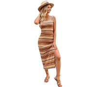 Boodtag Damen Sommer Strickkleid Strandkleid Lang Ärmellos Schlitz Bodycon Bohemian Sommerkleid mit Trägern Elegant Vintage UK Damen Strick Gestreiftes Kleid für Strandparty, Orange, L