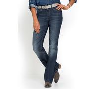 Bootcut-Jeans BONPRIX, Damen, Gr. 42, N-Gr, blau (dunkelblau used), Denim/Jeans, Obermaterial: 82% Baumwolle, 17% Polyester, 1% Elasthan, unifarben, slim fit lang, Jeans, Slim Fit Passform, mit Stretc