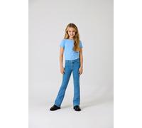 Bootcut-Jeans KIDS ONLY "KOGHUSH FLARED DNM AKM186 NOOS", Mädchen, Gr. 116, N-Gr, blau (light blau denim), Denim/Jeans, Obermaterial: 80% Baumwolle, 19% Polyester, 1% Elasthan, unifarben, slim fit knö