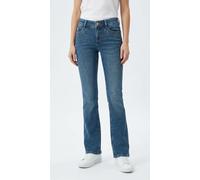 Bootcut-Jeans MAC "DETROIT flared", Damen, Gr. 44, Länge 30, blau (essential mid blau), Denim/Jeans, Obermaterial: 99% Baumwolle, 1% Elasthan, bootcut fit lang, Jeans, Aufwendig gearbeitete Details an