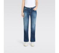 Bootcut-Jeans MAC "LAURA", Damen, Gr. 40, Länge 28, indigo destroyed, Denim/Jeans, Obermaterial: 89% Baumwolle, 8% Polyester, 3% Elasthan, Destroyed-Effekte, unifarben, regular fit knöchellang, Jeans,