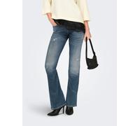 Bootcut-Jeans ONLY "ONLBLUSH MID WAIST FLARED DNM REA1099", Damen, Gr. M, Länge 32, medium blau denim detail:destroy, Denim/Jeans, Obermaterial: 92% Baumwolle, 6% Elastomultiester, 2% Elasthan, ausges