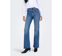 Bootcut-Jeans ONLY "ONLJUICY HW FLARE RHINESTONE DNM AZG", Damen, Gr. 26, Länge 30, medium blau denim, Denim/Jeans, Obermaterial: 99% Baumwolle, 1% Elasthan, Glitzermuster, unifarben, lang, Jeans, mit