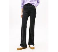 Bootcut-Jeans TOMMY JEANS "SYLVIA HGH FLR", Damen, Gr. 34, Länge 32, blau (denim schwarz), Denim/Jeans, Obermaterial: 98% Baumwolle, 2% Elasthan, unifarben, ausgestellt knöchellang, Jeans, Weite Beinf