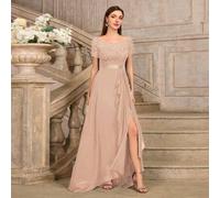 Boothals Kleid mit Blumen-Spitze-Kontrast, Chiffon-Volants, Abend-Party-Hochzeitsgast Maxikleid