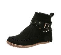Booties Frauen Retro Quaste Wildleder Flacher Reißverschluss Einfarbige Kurze runde Zehen Schuhe (37,2Schwarz)