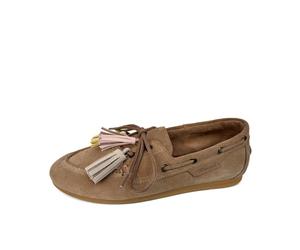 Bootsschuh TAMARIS, Damen, Gr. 37, taupe, Veloursleder, Schuhe Bootsschuh, Slipper, Schlupfschuh, mit farbigen Quasten (88910360-37) taupe