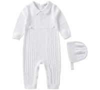 Booulfi Baby Junge Strampler 6-9 Monate Lange Ärmel Strickpullover Taufe Taufe Outfits für Jungen Neugeborenes Herbst Winter Weiß Baby Anzüge Kleidung mit Taufe Hüte