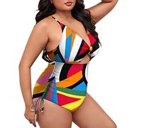 boseucn Badeanzug Damen Große Größe, Damen Monokini Einteiliger Geometrisch Drucken Badeanzüge Tiefer V Ausschnitt Große Brüste Push Up Sexy Bauchweg Swimsuit für Mollige Frauen Sommer Schwimmanzug