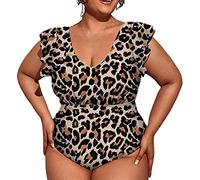 boseucn Badeanzug Damen Große Größe, Damen Monokini Einteiliger Sexy Bauchweg Swimsuit Sommer Große Brüste Push Up Bademode Leopard Badeanzüge V Ausschnitt für Mollige Frauen Elegant Schwimmanzug