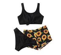 boseucn Bikini Mädchen, Mädchen Badeanzug Teenager 3 Teiliges Sonnenblume Drucken Tankini Set mit Bikinioberteil + Triangel Bikinihose + Kurz Shorts Bademode Kinder Sommer Badebekleidung Schwimmanzug
