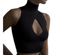boseucn Crop Tops Damen, Damen Crop Top Sexy Y2K Rollkragen Ärmellos Tops Stricken Hollow Out Bauchfrei Tank Top Slim Fit Basic Tshirt Casual Sommer Teenager Mädchen Aesthetic Oberteile Streetwear