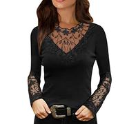 boseucn Damen Langarmshirt, T Shirt Damen Langarm V Ausschnitt Spitze-Oberteil Einfarbig Lässig Langarmshirt Slim Sexy T-Shirt Casual Elegant Herbst Winter Pullover Longshirt Sweatshirt Tunika Shirt