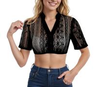 boseucn Dirndl Bluse Damen Dirndlbluse Kurzarm V-Ausschnitt Spitzenbluse Button Down Weiß Trachtenbluse für Oktoberfest Elegant Schlicht Schürze Spitze Hochgeschlossen Festlich Kostüm