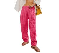 boseucn Gestreifte Loungehose für Damen Locker Gerade Lange Hose mit Taschen Streifen Freizeithose Streetwear Musselin Sommerhose Weitem Bein Elastische Pyjamahose Damen Y2k Gestreifte Hosen