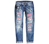 boseucn Jeans Damen, Jeanshose Damen Baggy Low Waist Jeans Destroyed Hose Boyfriend Pants Herzen Drucken E-Girl Streetwear 90er Flare Weites Bein Jeans Casual Bootcut Jeans Straight (Z152-Blue, XL)