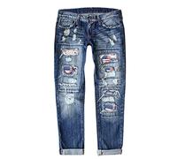 boseucn Jeans Damen, Jeanshose Damen Baggy Low Waist Jeans Destroyed Hose Boyfriend Pants Herzen Drucken E-Girl Streetwear 90er Flare Weites Bein Jeans Casual Bootcut Jeans (Z151-Dark Blue, XL)