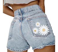 boseucn Jeans Shorts Damen, Kurz Jeans Damen Hoher Taille Jeanshose Blumen Drucken Shorts Basic Bermuda Denim Kurze Hose mit Taschen Casual Elegant Sommer Hotpants Jeansshorts Hosen Freizeithose
