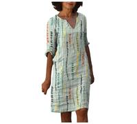 boseucn Leinenkleid Damen Sommer Knielang Leinenkleider A-Linie Leinen Kleid Vintage Feder Drucken Freizeitkleid V-Ausschnitt 3/4 Ärmel Sommerkleid Mutter Blusenkleid Italienische Strandkleider