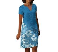 boseucn Leinenkleid Damen Sommer Vintage Blumen Drucken Freizeitkleid V-Ausschnitt Kurzarm Sommerkleid Knielang Leinenkleider Mutter Blusenkleid A-Linie Leinen Kleid Italienische Strandkleider