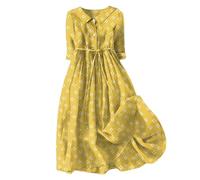 boseucn Sommerkleid Damen Leicht Revers Tasten 3/4 Arm Lang Leinenkleid Boho Blumen Drucken Sommerkleider mit Gürtel Sommer Elegant Kleider A-Linie Strandkleid Casual Lose Freizeitkleid Shirtkleid