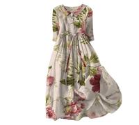boseucn Sommerkleid Damen Leicht Revers Tasten 3/4 Arm Leinenkleid Sommer Boho Blumen Drucken Lang Sommerkleider mit Gürtel Elegant Kleider A-Linie Strandkleid Casual Lose Freizeitkleid Blumenkleid