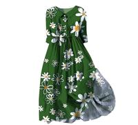 boseucn Sommerkleid Damen Leicht Revers Tasten 3/4 Arm Leinenkleid Sommer Boho Blumen Drucken Lang Sommerkleider mit Gürtel Elegant Kleider A-Linie Strandkleid Casual Lose Freizeitkleid Blumenkleid