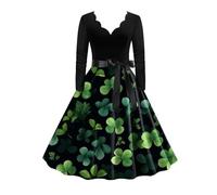 boseucn St. Patricks Day Damen Kleider Irisches Kleeblatt Drucken Grünes Vintage Abendkleid A-Linie Swing Kleid V-Ausschnitt Langarm Partykleid Casual Sexy Cocktailkleid Damen Elegant Festlich Kostüm