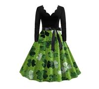 boseucn St. Patricks Day Damen Kleider Irisches Kleeblatt Drucken Grünes Vintage Abendkleid V-Ausschnitt Langarm Partykleid Cocktailkleid Damen Elegant A-Linie Swing Kleid Casual Sexy Festlich Kostüm