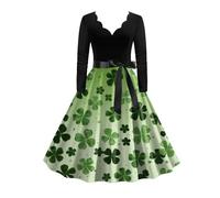 boseucn St. Patricks Day Damen Kleider Irisches Kleeblatt Drucken Grünes Vintage Abendkleid V-Ausschnitt Langarm Partykleid Cocktailkleid Damen Elegant A-Linie Swing Kleid Casual Sexy Festlich Kostüm