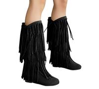 boseucn Stiefeletten Damen, Damen Kniestiefel Fransen Klassischer Stiefel Vintage Spitz Stiefel Wildleder Kniehohe Booties Niedrige Absätze Flache Fransenstiefel Cowboy-Stiefel