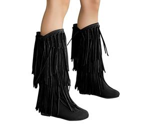 boseucn Stiefeletten Damen, Damen Kniestiefel Fransen Klassischer Stiefel Vintage Spitz Stiefel Wildleder Kniehohe Booties Niedrige Absätze Flache Fransenstiefel Cowboy-Stiefel