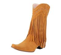 boseucn Winterschuhe Damen, Cowboystiefel Damen mit Absatz Fransenstiefel Kniehohe Stiefeletten Flache Absätze Fransen Warm Vintage Lange Schuhe Boots Westernstiefel Boots Damen