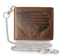 boshiho Carbon Geldbörse für Herren - Geldbeutel Leder Schwarz Boss mit Kette Kreditkartenetui mit RFID-Schutz 13 Fächer Münztasche & Slim Design Portemonnaie aus Karbonfaser (Brown-Leather Flag)