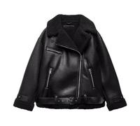 BoShiNuo Damen-Jacke aus Kunstleder doppelseitig Herbst-Winter Revers Kunst-Lammfell-Futter verdickter warmer Jackenmantel Black 8073226 M