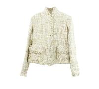 BoShiNuo Damen-Tweed-Jacke Frühling/Herbst/Winter Damenjacke Mantel klassische Damen-Tweedjacke mit Flechtmuster Khaki S