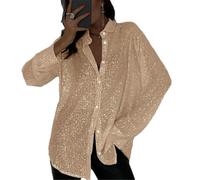 BoShiNuo Damenbluse mit Pailletten und Button-Down-Kragen Glitzernde Langarmbluse Locker geschnittenes Glitzer-Party-Top-Champagne-M