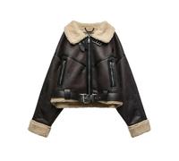 BoShiNuo Frau Herbst Winter Dicke Warme Faux Lammfell Jacke Mantel Vintage Langarm Gürtel Saum Weibliche Oberbekleidung Chic Tops Brown-0807327 XS