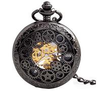 BOSHIYA Herren Taschenuhr mit Kette Mechanische Vintage Steampunk Skelett Halbjäger Handaufzug Mechanische Römische Ziffern Skala Kettenuhr für Herren Schwarz
