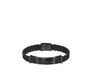BOSS Flecht-Armband aus schwarzem Veloursleder mit Logo-Applikation - Style DYLAN, 58137021 Schwarz M