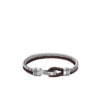 BOSS Geflochtenes Armband aus braunem Leder und Edelstahl - Style JAXON, HB1580892 Silberfarben M