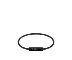 BOSS Geflochtenes Armband aus schwarzem Leder mit Logo-Plakette - Style ARES AIR, HB1580875 Schwarz ONESI