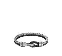 BOSS Geflochtenes Armband aus schwarzem Leder und Edelstahl - Style JAXON, HB1580894 Silberfarben M