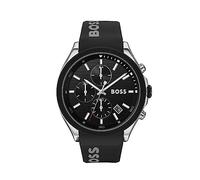 BOSS Herren 44 mm Chronograph Quarz Uhr Velocity Kollektion mit Schwarzem Texturiertem Zifferblatt, Schwarzem Silikonarmband, Datumsfunktion, 3 Sub-Dials, 5ATM Wasserresistenz - 1513716