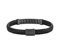 BOSS Schwarzes Armband aus geflochtenem Leder mit Fischgrätmuster auf dem Metall-Detail - Style TAILORED, HB1580676 Schwarz M