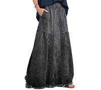 Bossy Damen Lässiger Maxi-Jeansrock mit elastischer Taille und ausgefranstem Saum, A-Linie, Used-Look - Grau - Groß
