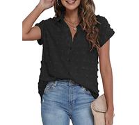 BOTHENIAL Weißes Button-Down-Hemd für Damen, legere Arbeit, Oberteile, Chiffon-Bluse mit Kragen, Kurzarmhemden, schwarz, Groß